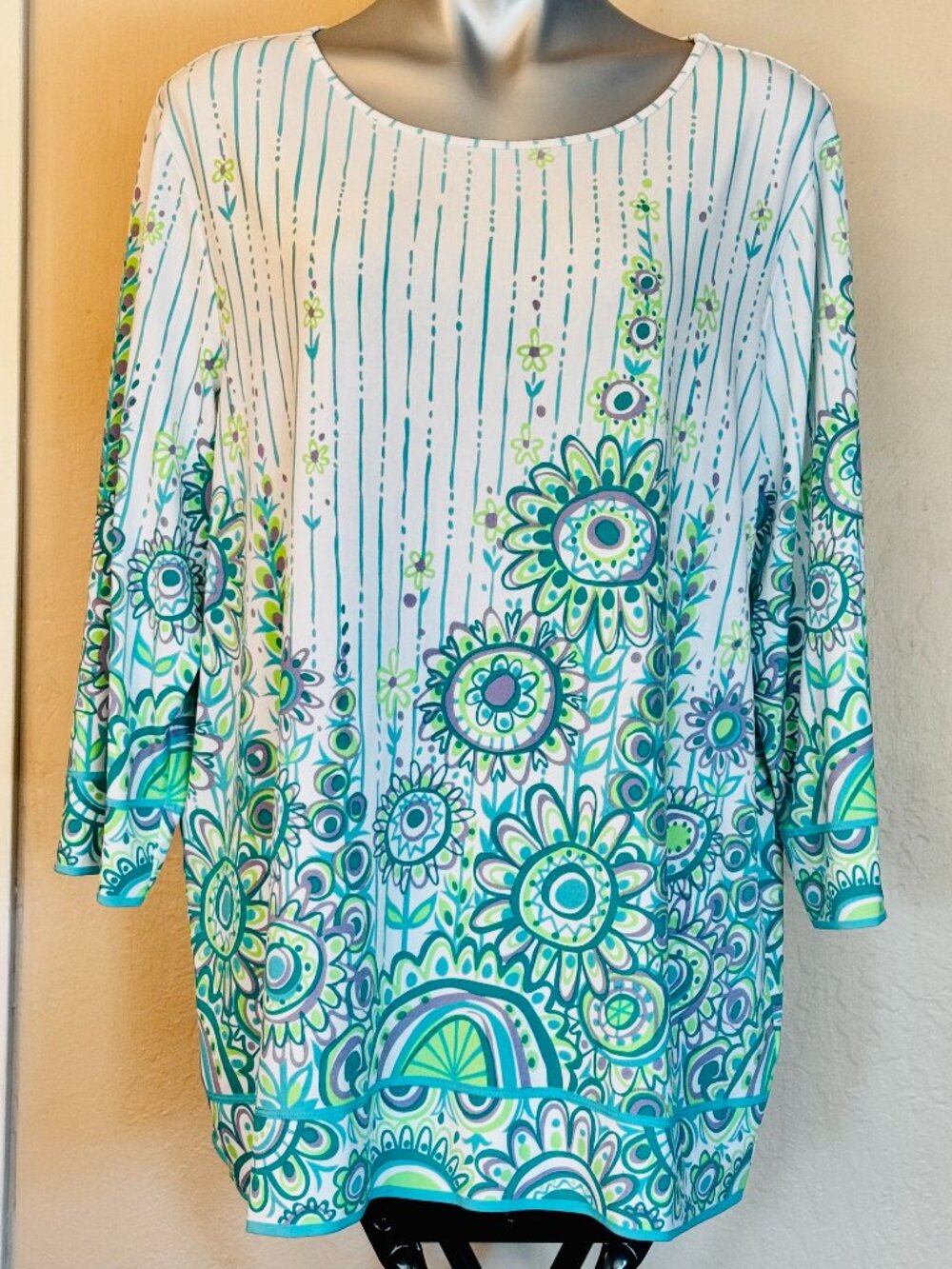 Bob Mackie Womens Top 1X Wearable Art Floral Turquoise Green 3/4 Sleeve Trim Po